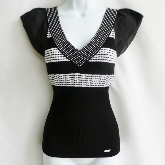 Guess Jeans V Neck Sweater Contrasting Dash Stripes Silk Flutter Sleeves Fitted - Picture 9 of 9